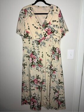 Cream Floral Wrap-Style Midi Dress with Pink Rose Print